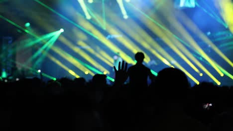 silhouettes of people partying, cheering and showing hands at concert in front of bright illuminated stage