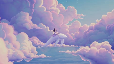 girl riding a whale through the clouds