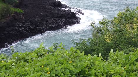 Hd-120fps-Camión-Hawaii-Kauai-Vista-Aérea-De-Derecha-A-Izquierda-De-Las-Olas-Rompiendo-En-La-Costa-Rocosa-Con-Vegetación-En-Primer-Plano