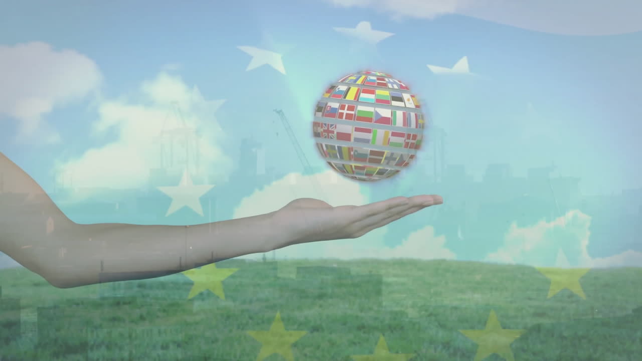 Holding globe with international flags on grassy field under blue sky animation