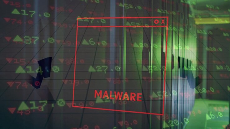 Red malware window appearing over racks, glitching while graphs sliding, exposing financial risk