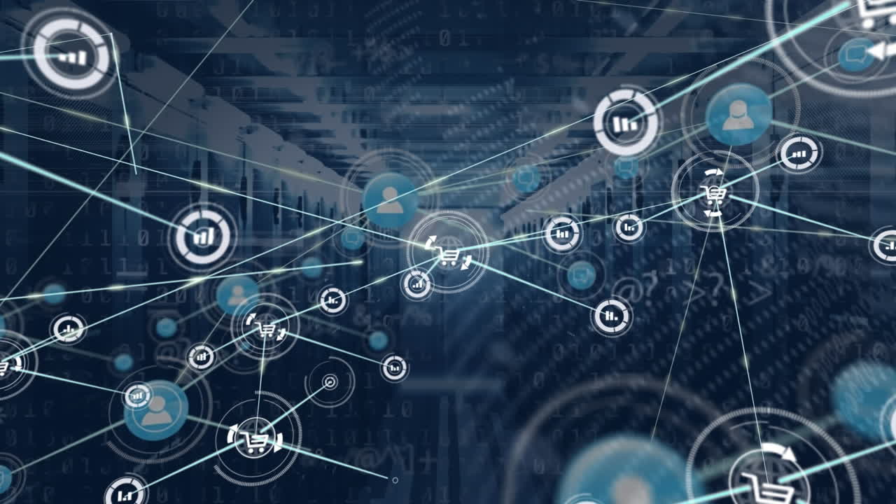 animación de la red de conexiones con iconos y procesamiento de datos a través de servidores informáticos