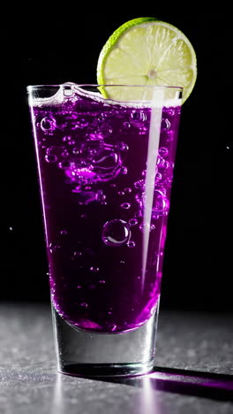 purple sparkling drink with lime slice