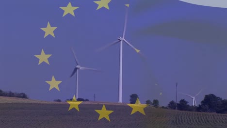 animation of european union flag over rotating wind turbine in field