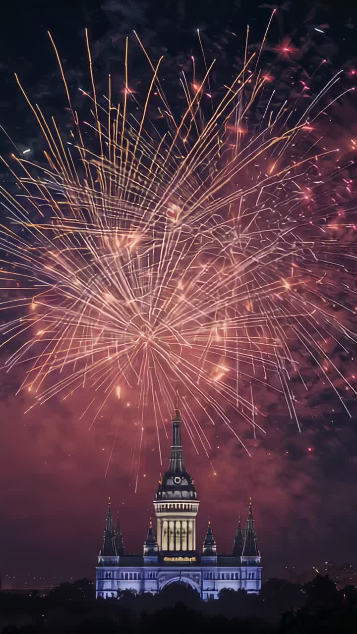 Vertical video: Launching streak rising from palace, with sparks blooming into fireworks display