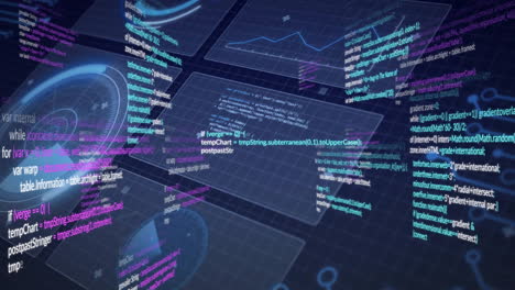 code snippets and data charts animation over digital grid background