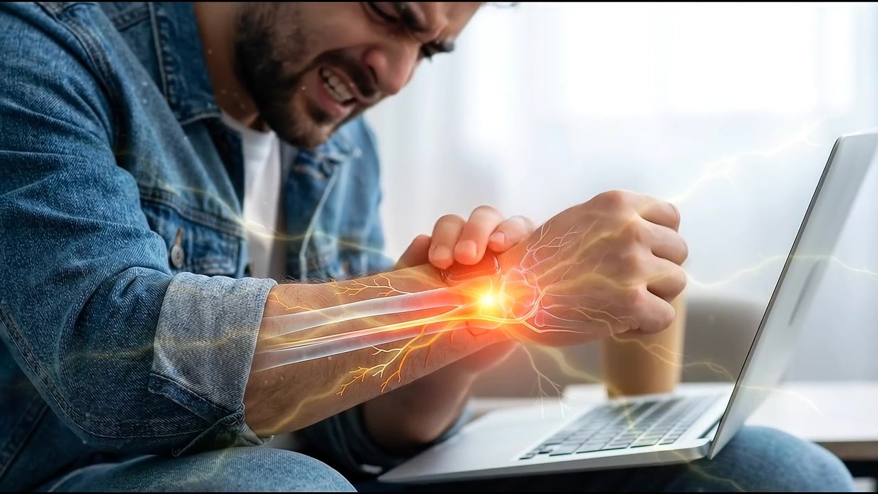 Hombre experimentando dolor de muñeca mientras trabaja en el portátil