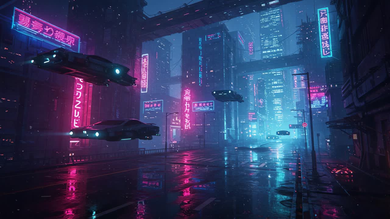 A breathtaking view of a futuristic cityscape featuring glowing neon signs, flying vehicles, and rain-soaked streets, capturing the essence of a cyberpunk world at night