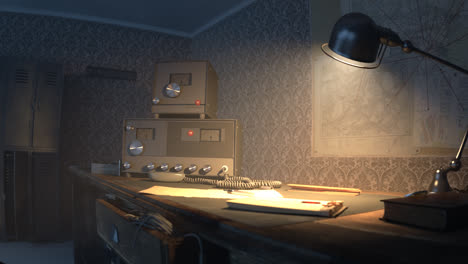 retro communication room filled with dust, with old furniture, old-fashioned background on the wall and wooden desk. vintage radio station standing on the desk under obsolete lamp