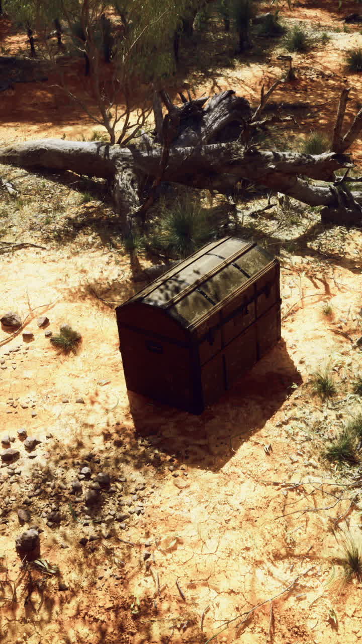 Hidden treasure chest nestled in the sunlit desert landscape near dry shrubs