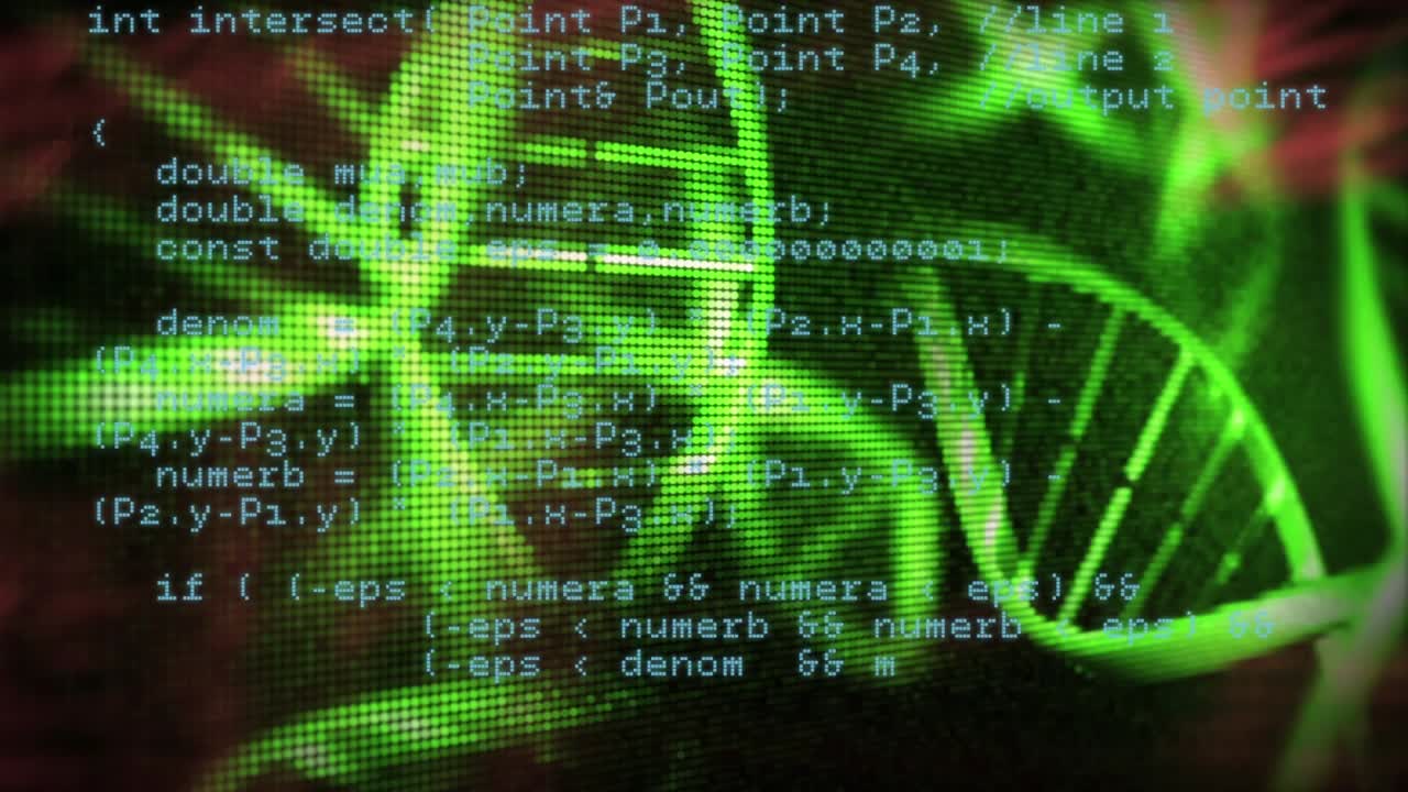 Animatie van DNA-helix die roteert over computercode en digitale gegevensverwerking op rasters