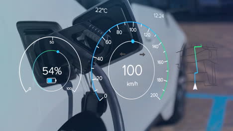 animation of charge and speedometer dials over electric car at charging port