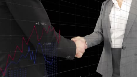 animation of data processing over businessman handshake