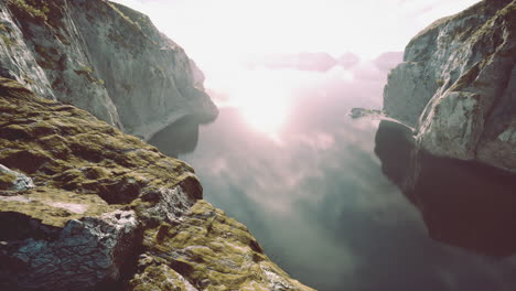 valle de montaña brumosa con un río