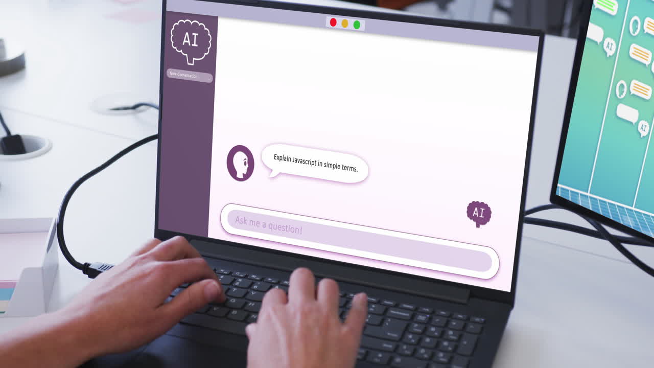 composición de las manos de un hombre biracial usando una computadora portátil con un chat en la pantalla