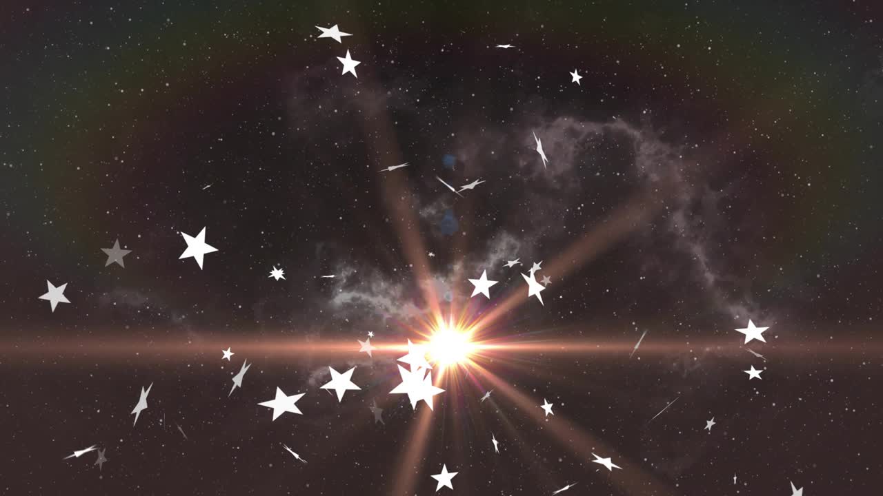 Entering frame white stars converging and rotating around nebula illustrating cosmic motion