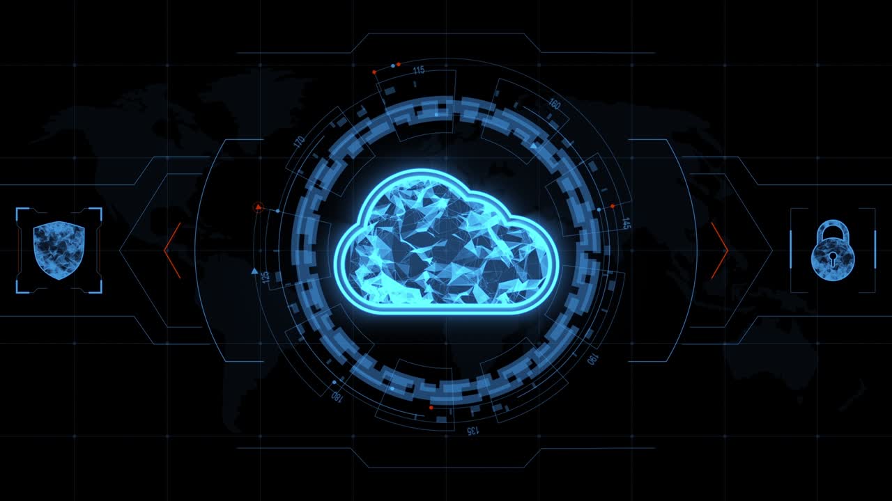 gráfico de movimiento del icono de almacenamiento en nube azul con pantalla de cabeza ( hud ui ) interfaz de tecnología y elementos futuristas