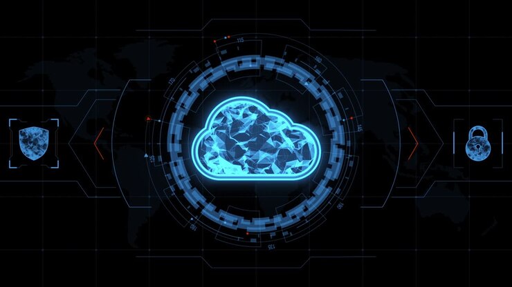 Motion graphic of Blue cloud storage icon with head up display ( HUD UI ) technology interface and futuristic elements