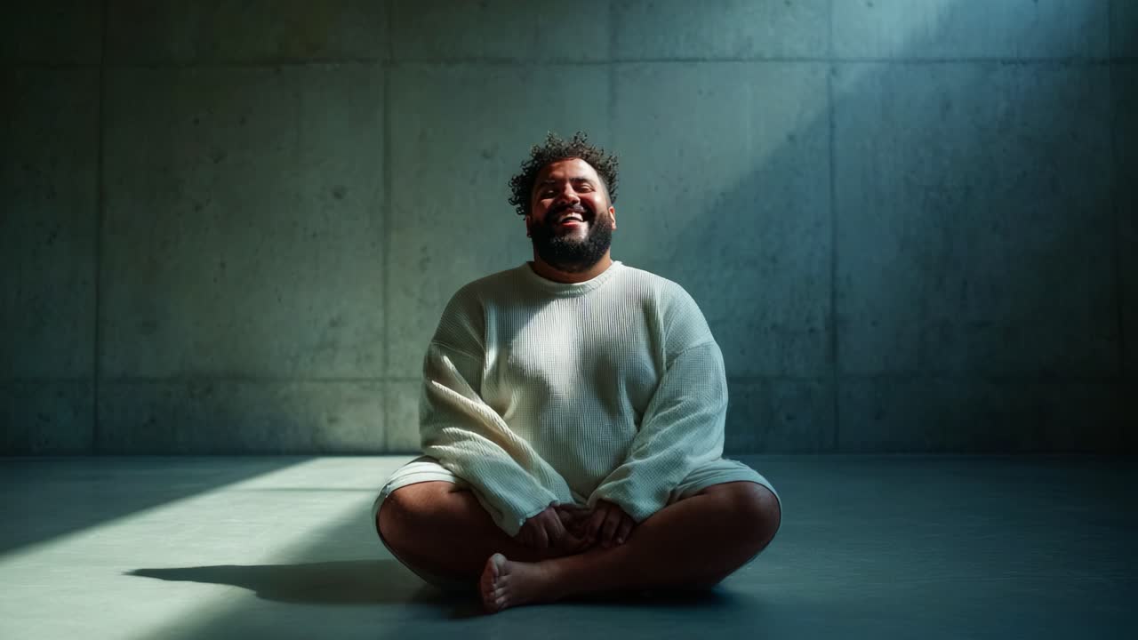 A joyful moment of meditation and self-expression, showcasing a person's blissful smile and energetic clapping in a serene, minimalist setting with soft lighting