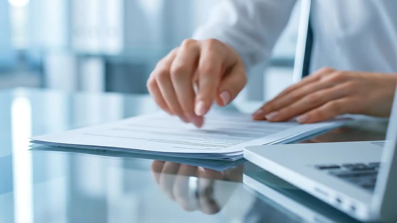 Close up hand flipping paper document on desk beside laptop in modern office environment