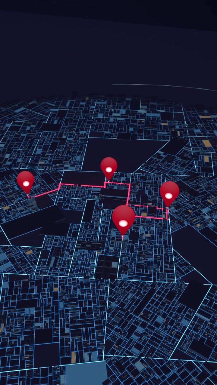 Vertical video: Scanning highlight moving over 3D grid, spawning red pins and mapping magenta route