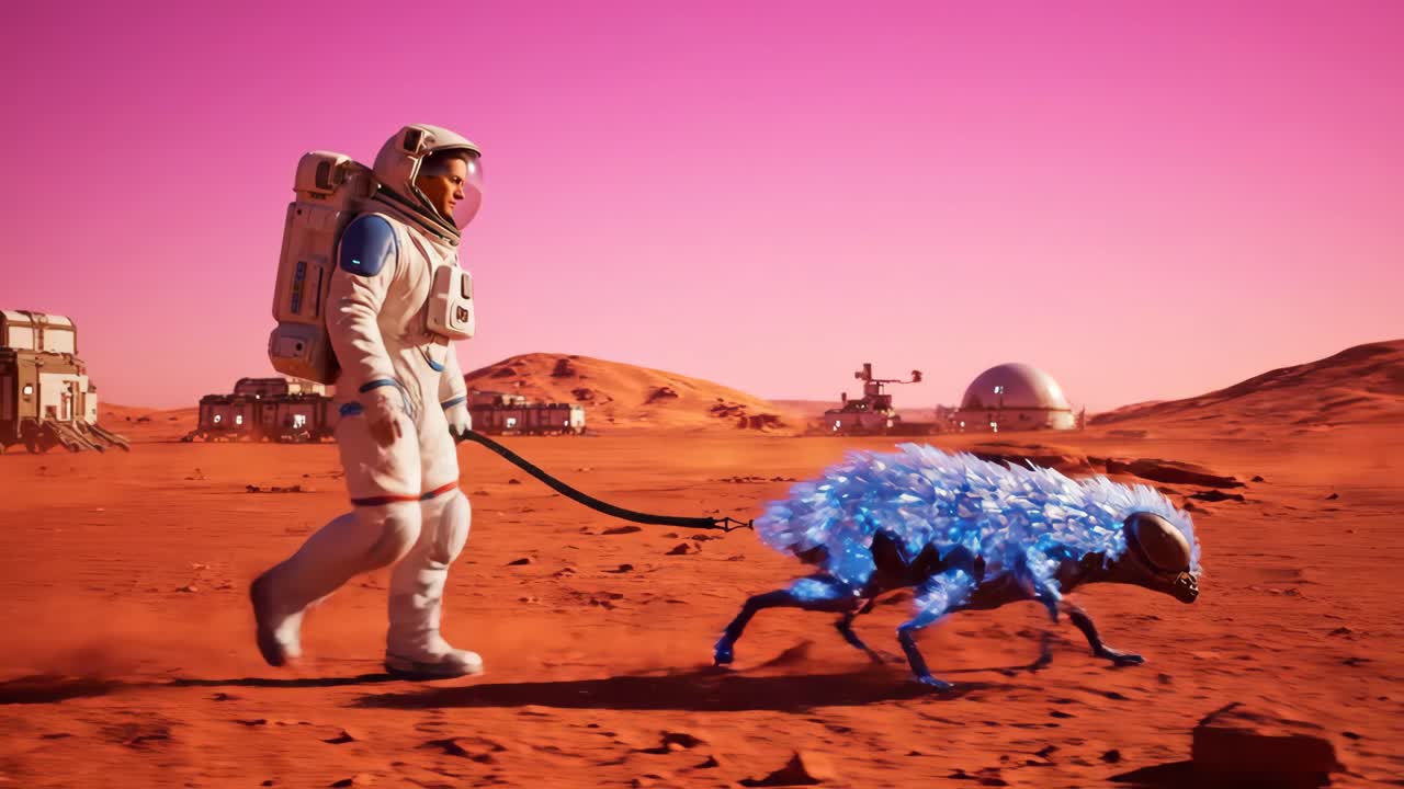 Astronaut Walking Alien Pet on Mars