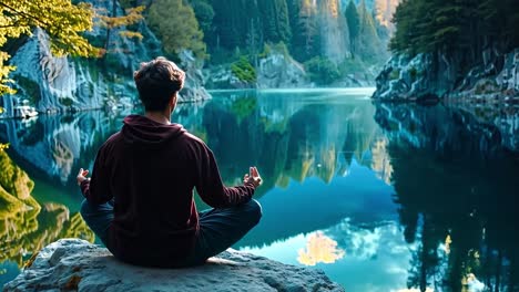 a man meditating on a rock by a lake