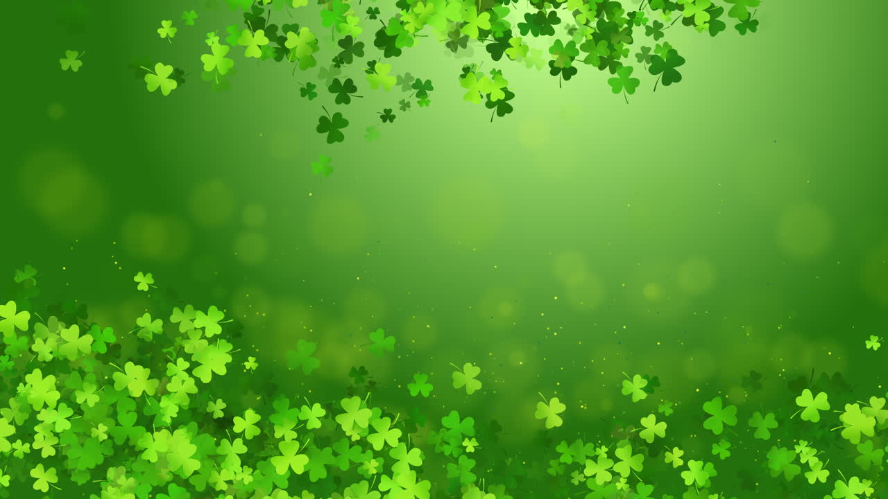 Saint Patricks day green background with sprayed clover leaves or shamrocks. Copy space. Loop motion graphic.