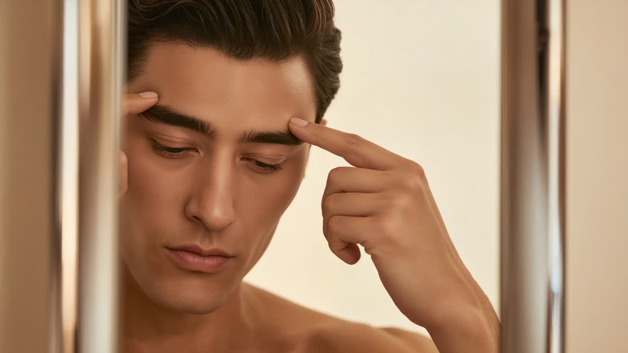 Peering bare-chested man checking skin pressing brow at vanity mirror, chrome strips, warm light