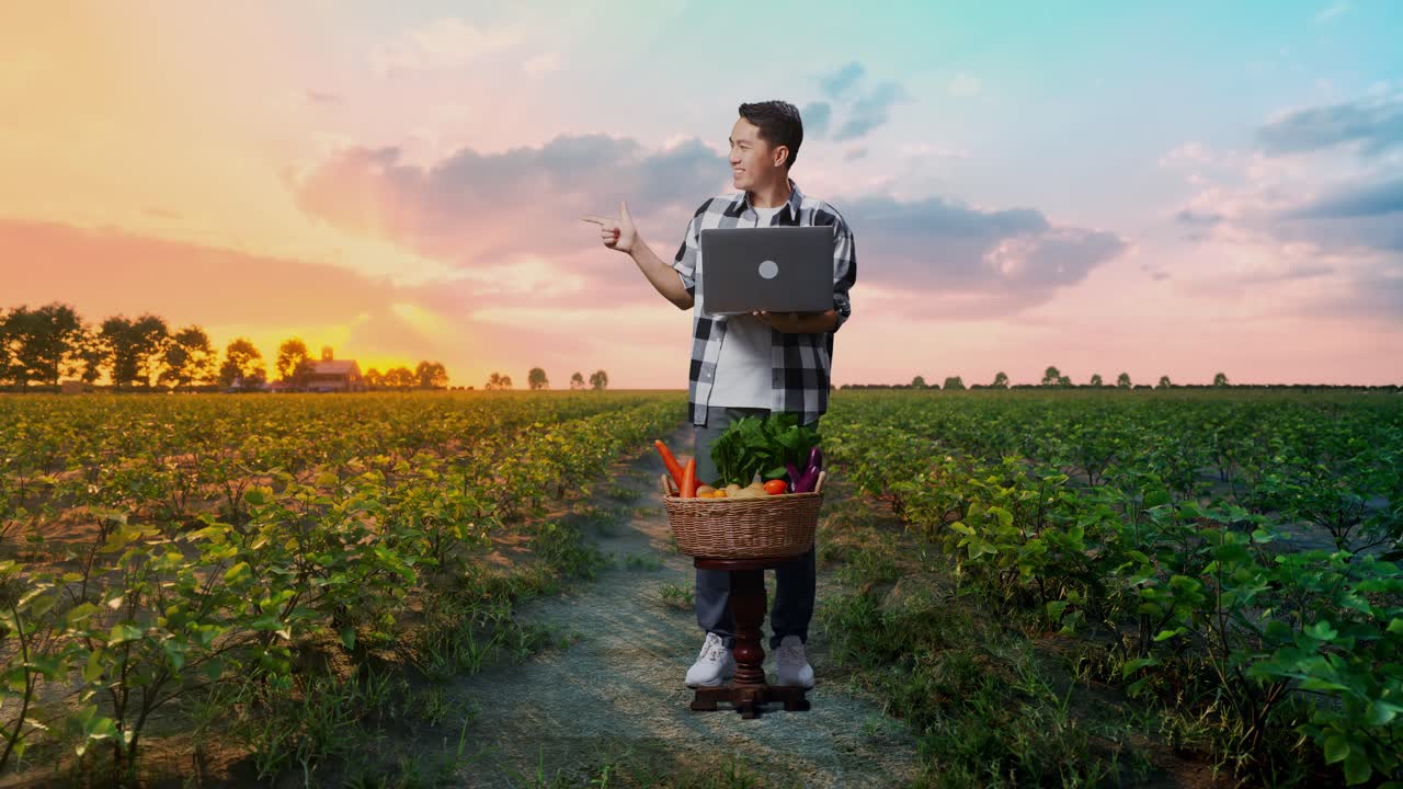 cuerpo lleno de un granjero masculino asiático con una canasta de verduras usando una computadora portátil y apuntando al lado en el campo