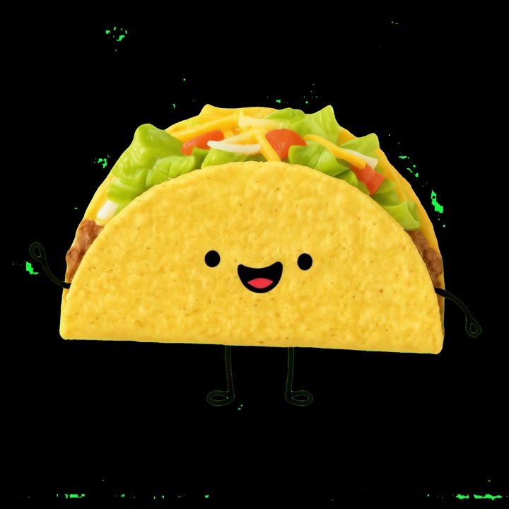Animeret tegneserie-taco-figur, der vinker på sort baggrund