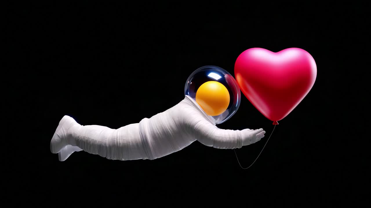 A whimsical astronaut floating in space, holding a vibrant red heart-shaped balloon, symbolizing love and exploration, combining themes of romance and adventure in a surreal environment