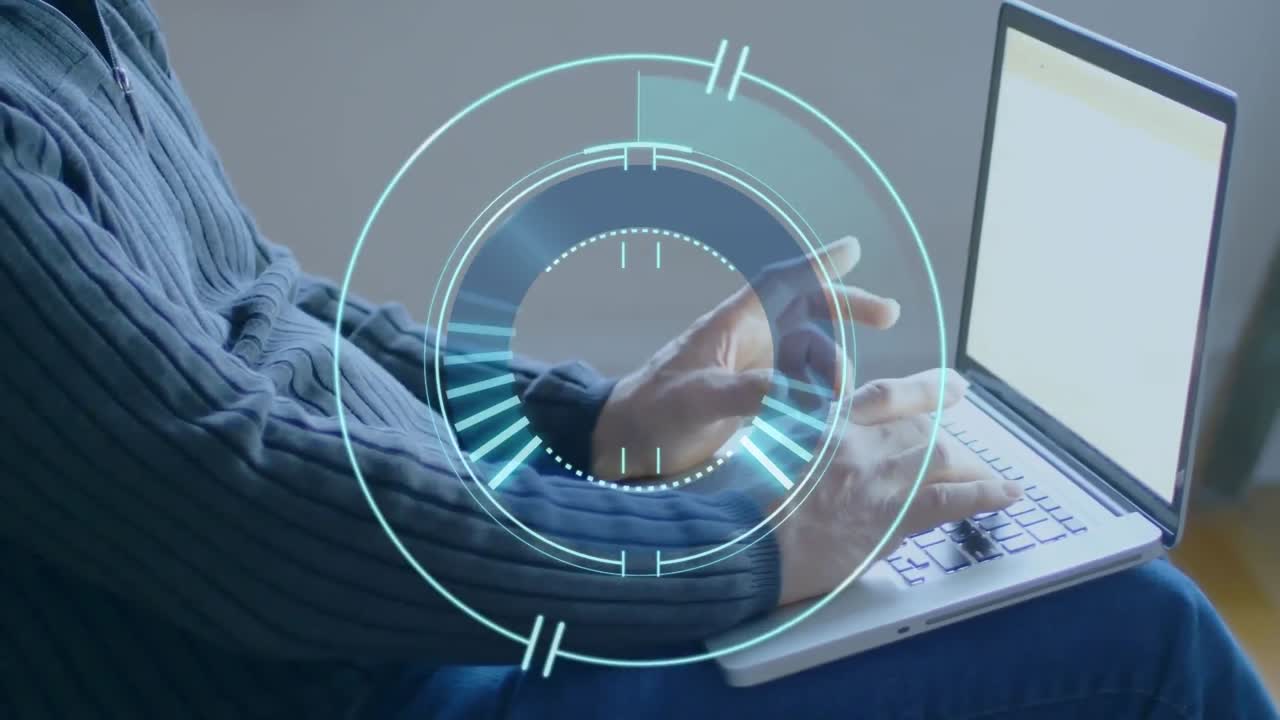 animación del escaneo del alcance sobre el hombre usando una computadora portátil