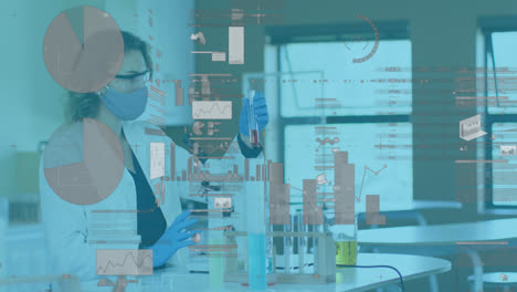 Animation-of-digital-interface-showing-statistics-with-scientist-using-microscope-wearing-face-masks