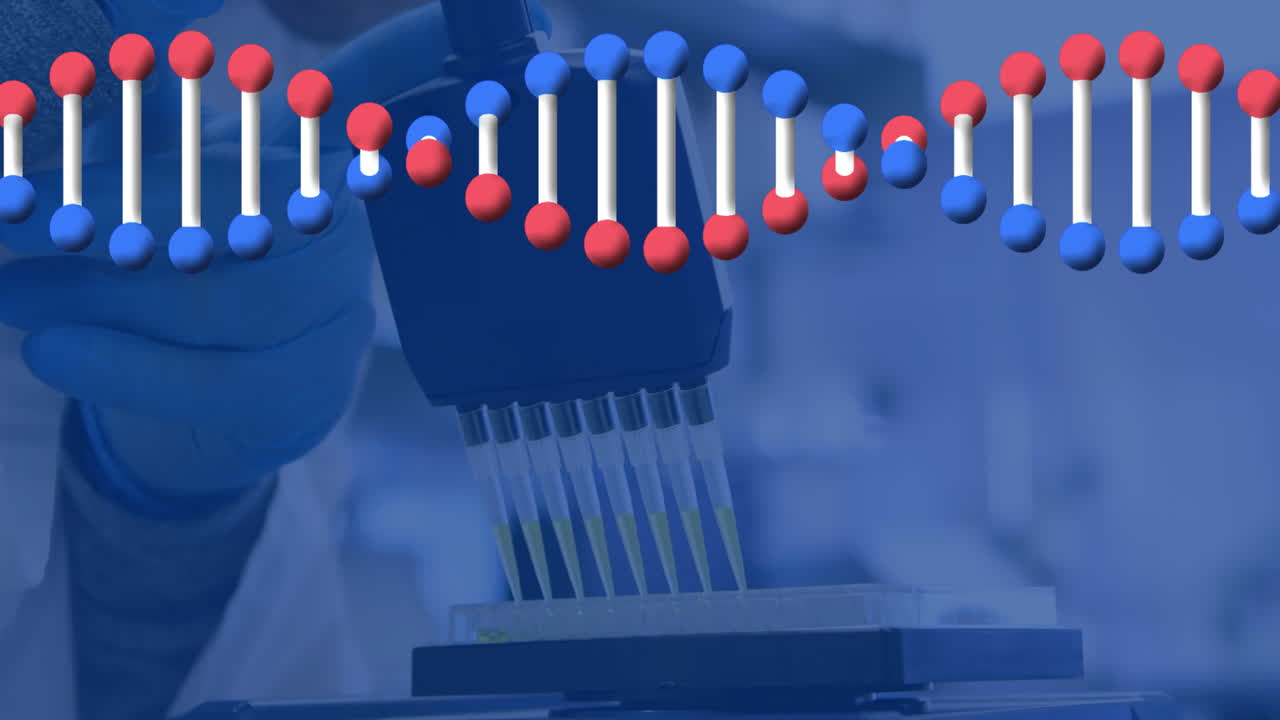 Animation of dna strand scientific data processing over scientist in laboratory