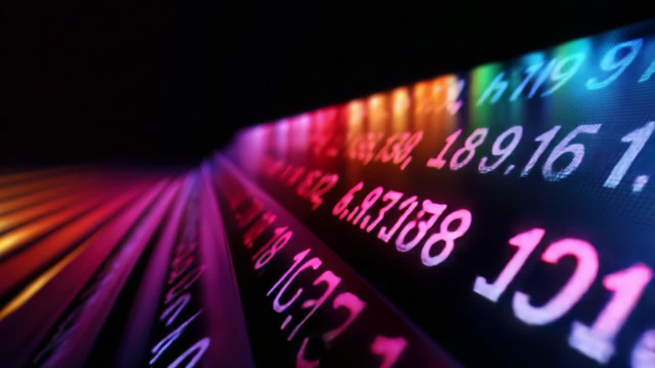 Una straordinaria rappresentazione visiva di numeri digitali e luci colorate, che mostra una rappresentazione astratta del flusso di dati e della tecnologia in un ambiente vibrante e futuristico