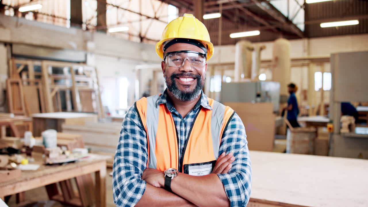 Smiling African American Construction Worker in Hard Hat and Safety Vest