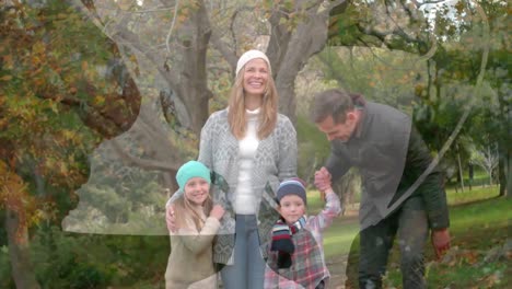 animation of caucasian family enjoying in park during winter over snowcapped mountains