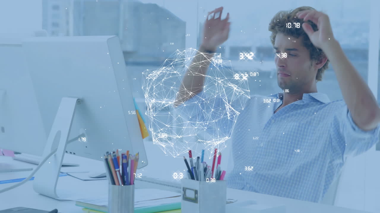 relajándose en el escritorio, hombre con conexiones de red y animación de procesamiento de datos