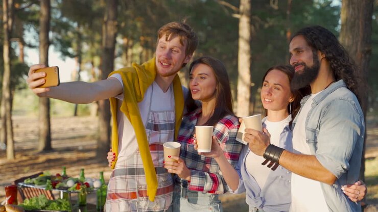 Group of young women and men taking a selfie with the phone outdoors. People enjoying a picnic in nature.