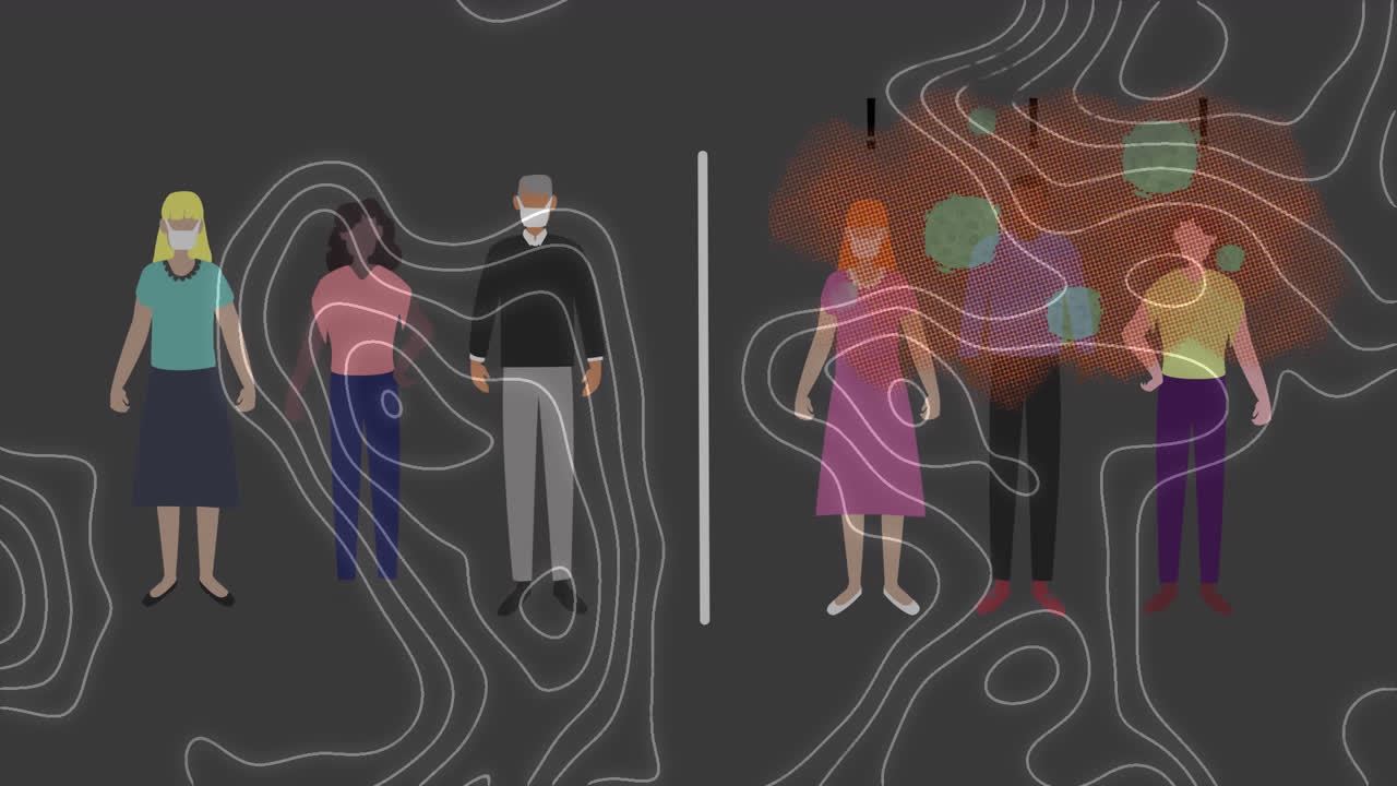 анимация людей в масках, социальное дистанцирование и движущиеся белые линии.