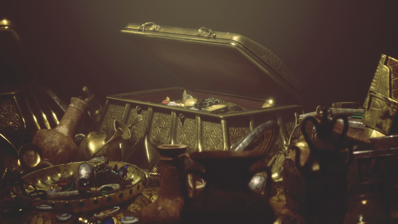 Chest brimming with gold coins and artifacts in a dark scene