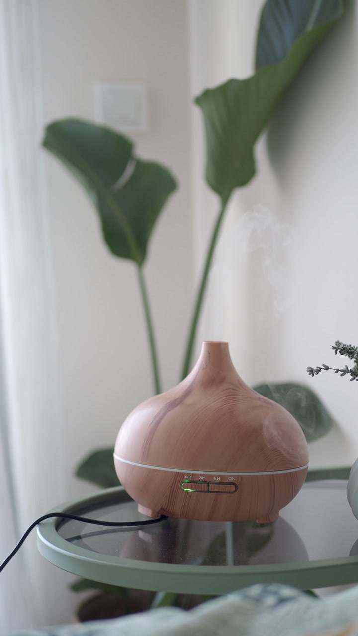 Essential Oil Diffuser Emitting Mist in a Modern Home Setting