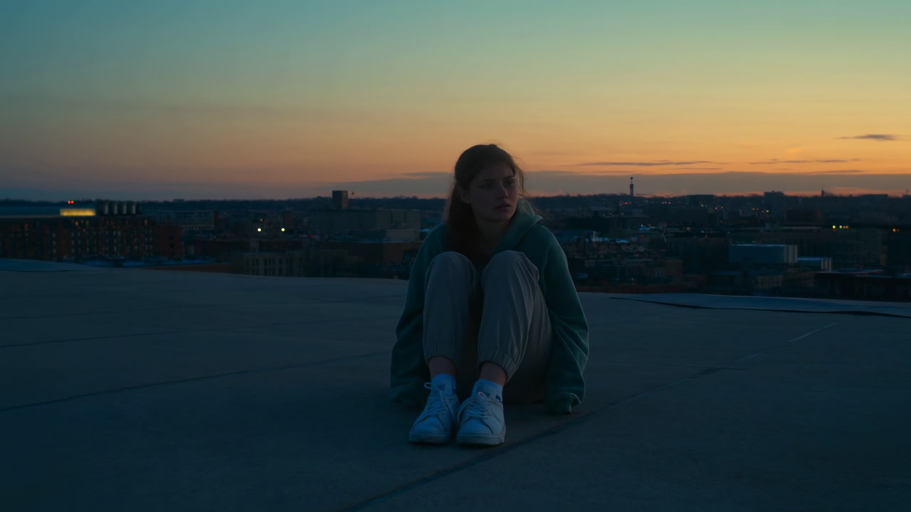 Sunset Rooftop Silhouette Woman Sitting Alone, Student Wearing Hoodie And Sneakers Overlooks Quiet City