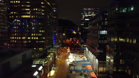 aerial view above ave mcgill college street after dusk downtown
