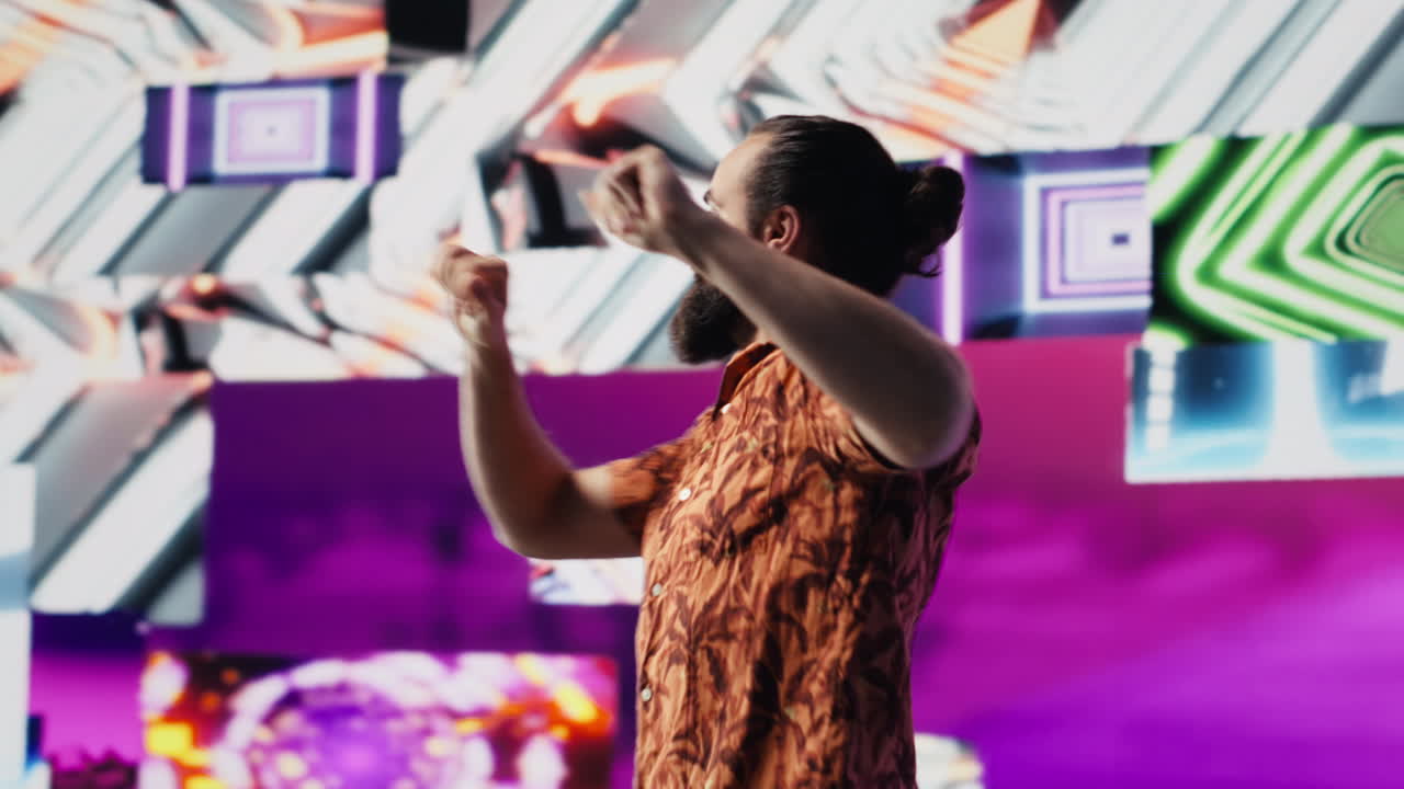 Cool digital content creator dancing under glowing neon lights