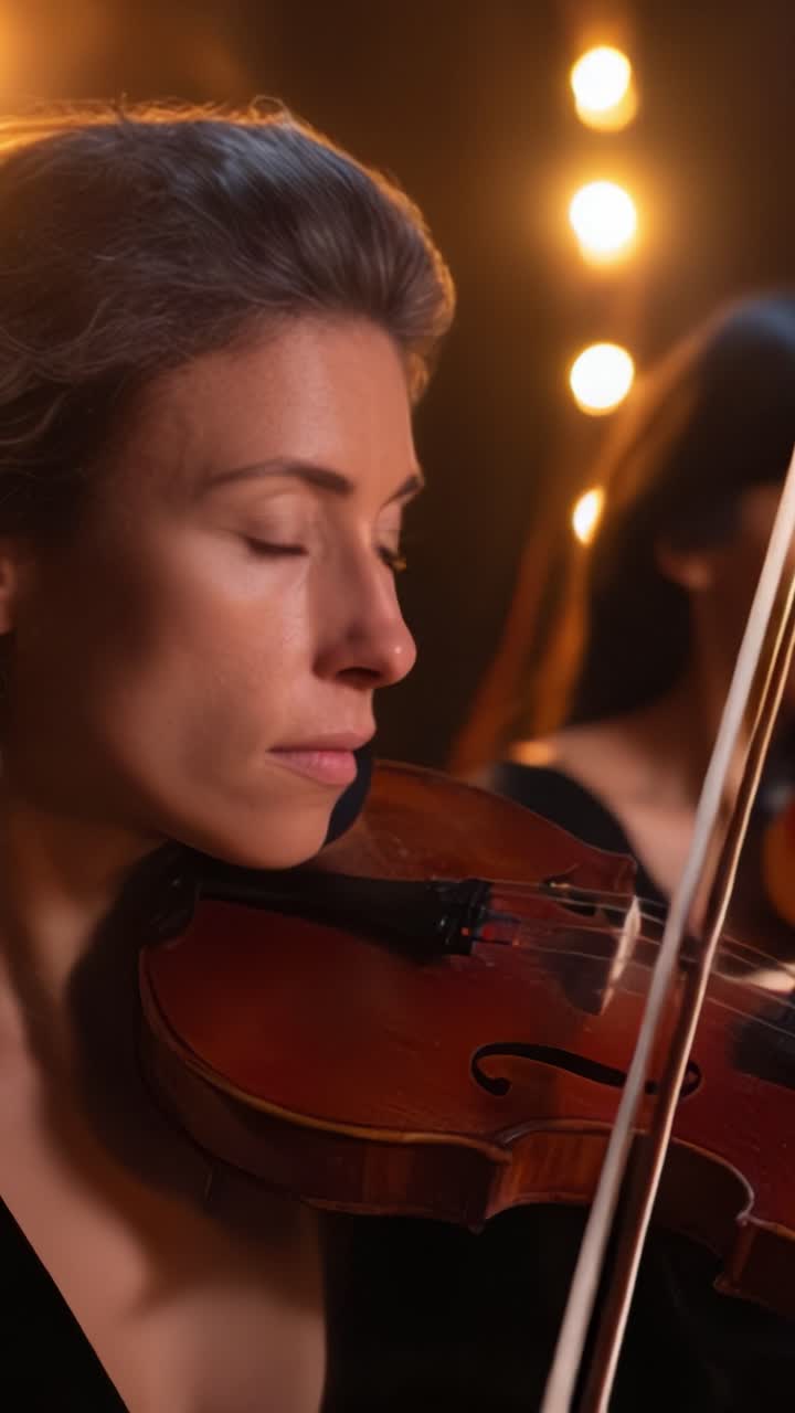 A focused female musician expertly plays the violin, immersed in her performance, with warm lights creating a captivating atmosphere around her
