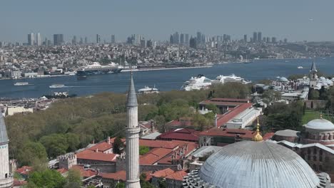 renovated blue mosque and hagia sophia drone video, april 2022 fatih, istanbul turkey