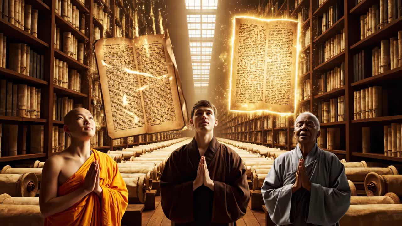 Monks in a Library of Ancient Knowledge