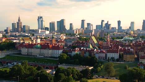 aerial panorama of warsaw, poland over the vistual river and city center in a distance old town